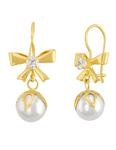 Aretes perla con moño oro 10K